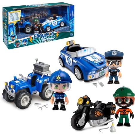 Pinypon Action Pack de Vehículos con Quad, Coche, Moto y 3 Figuras de Famosa
